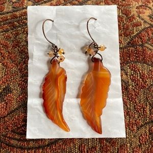 Carnelian earrings carved leaves dangling earrings Copper NEW hand made